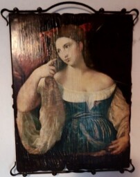 Portrét ženy na dřevěné desce. Velikost 40 X 60cm.