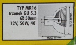 Halogenové žárovky Typ MR 16. Průměr 50. 12V, 20W,