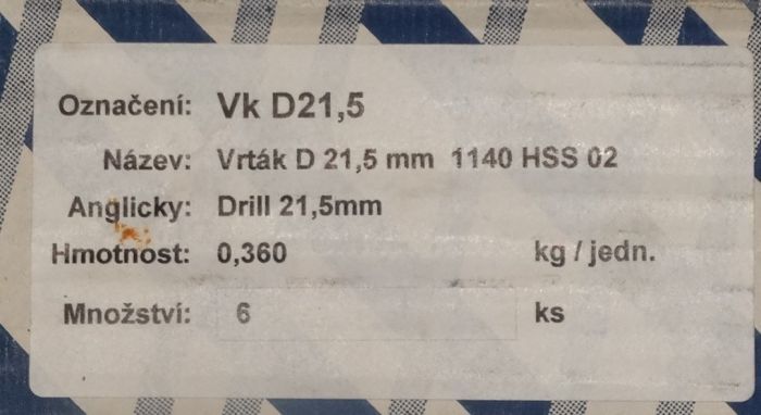 Vrtáky s kuželovou stopkou DIN345 HSS VKD 21,5