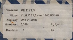 Vrtáky s kuželovou stopkou DIN345 HSS VKD 21,5
