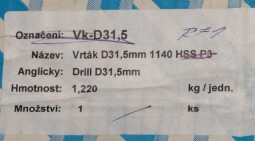 Vrtáky s kuželovou stopkou DIN345 HSS VKD 31,5